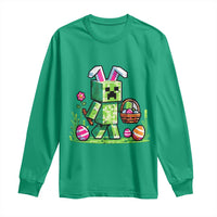 Pixel Easter Bunny Gamer Parody Graphic Long Sleeve Shirt Funny Block Style Rabbit with Eggs Basket Gaming Humor Gift