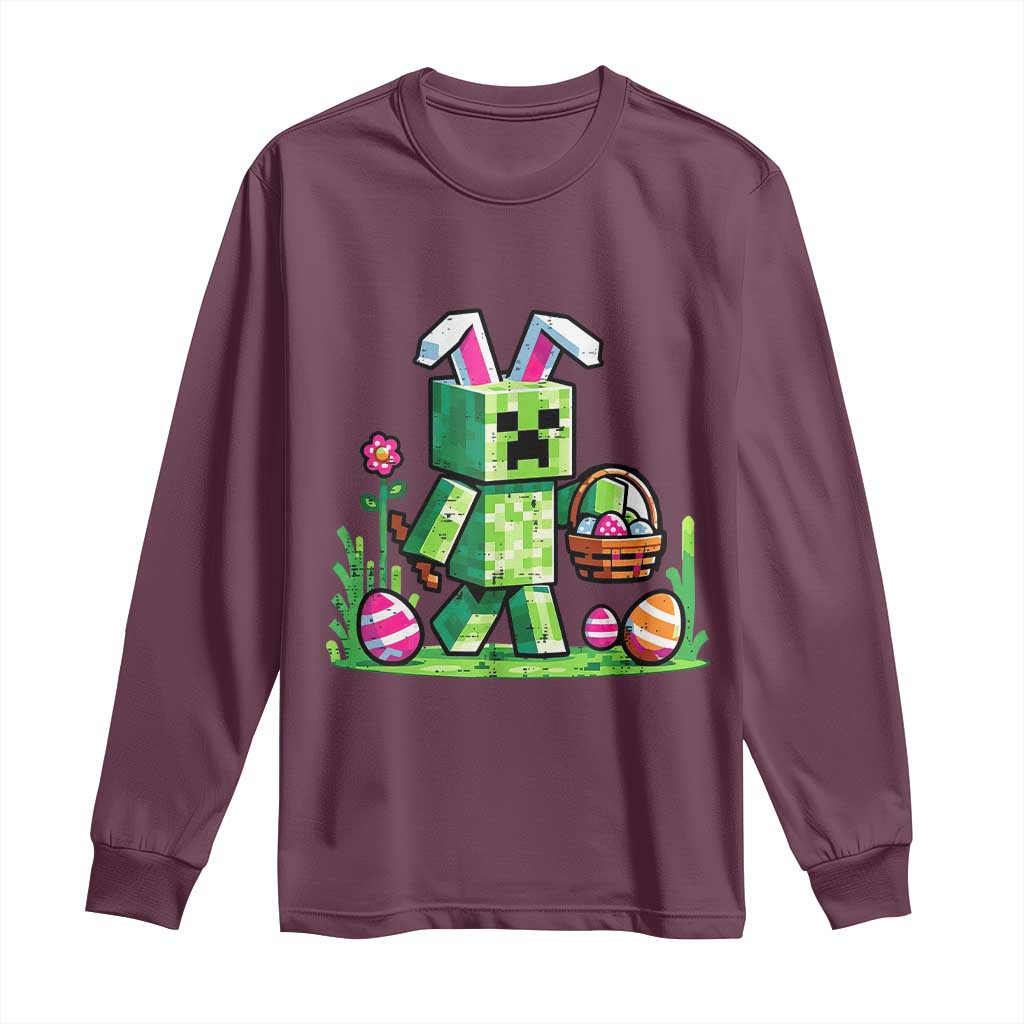 Pixel Easter Bunny Gamer Parody Graphic Long Sleeve Shirt Funny Block Style Rabbit with Eggs Basket Gaming Humor Gift