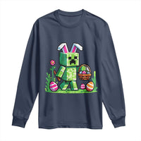 Pixel Easter Bunny Gamer Parody Graphic Long Sleeve Shirt Funny Block Style Rabbit with Eggs Basket Gaming Humor Gift
