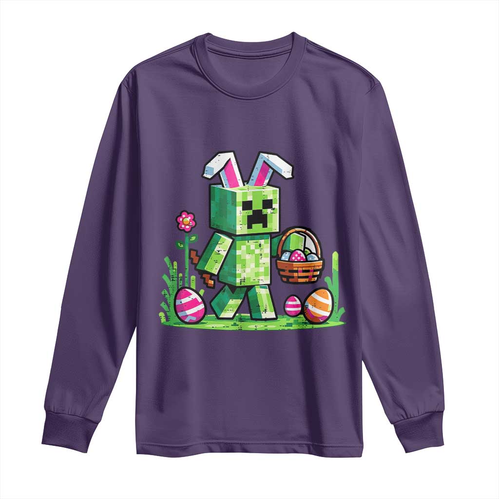 Pixel Easter Bunny Gamer Parody Graphic Long Sleeve Shirt Funny Block Style Rabbit with Eggs Basket Gaming Humor Gift