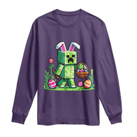 Pixel Easter Bunny Gamer Parody Graphic Long Sleeve Shirt Funny Block Style Rabbit with Eggs Basket Gaming Humor Gift