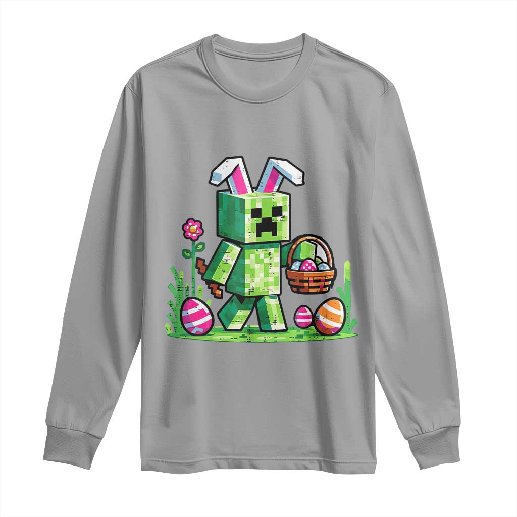 Pixel Easter Bunny Gamer Parody Graphic Long Sleeve Shirt Funny Block Style Rabbit with Eggs Basket Gaming Humor Gift