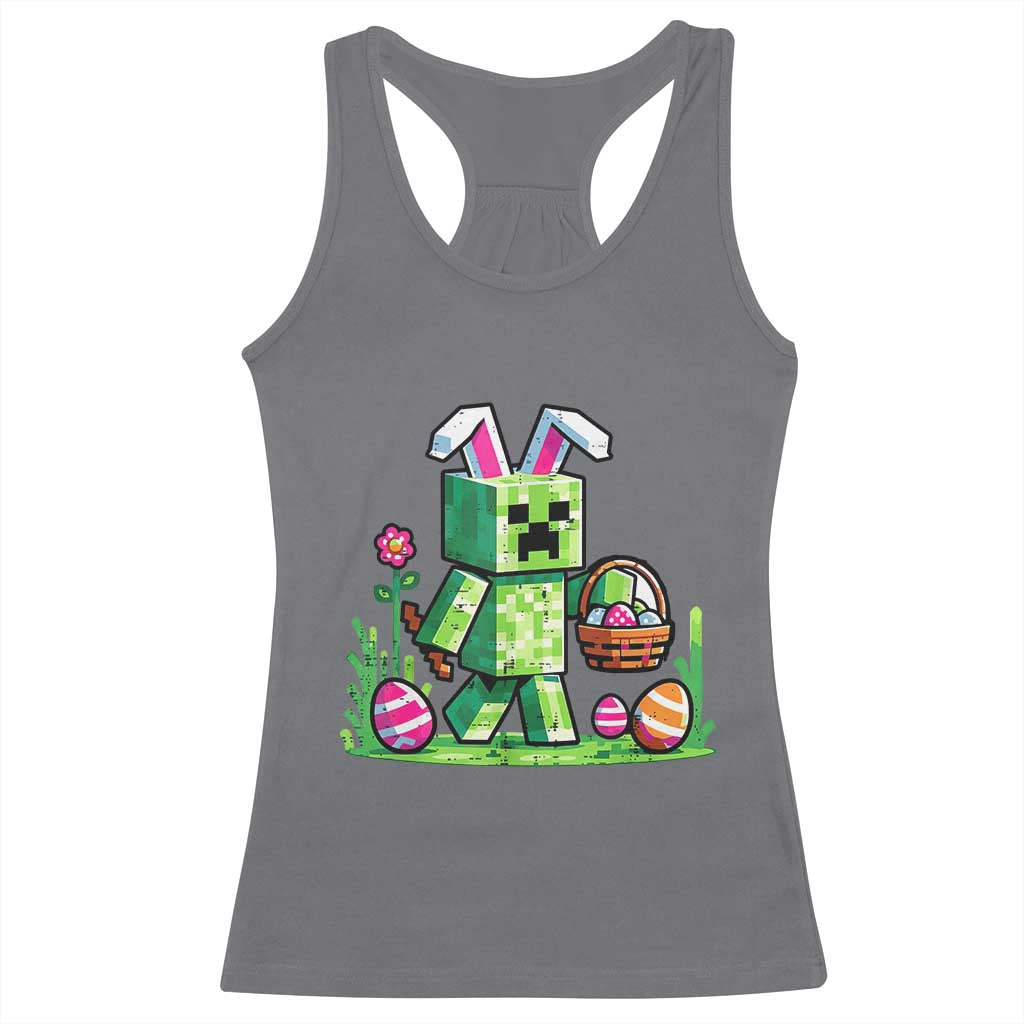 Pixel Easter Bunny Gamer Parody Graphic Racerback Tank Top Funny Block Style Rabbit with Eggs Basket Gaming Humor Gift