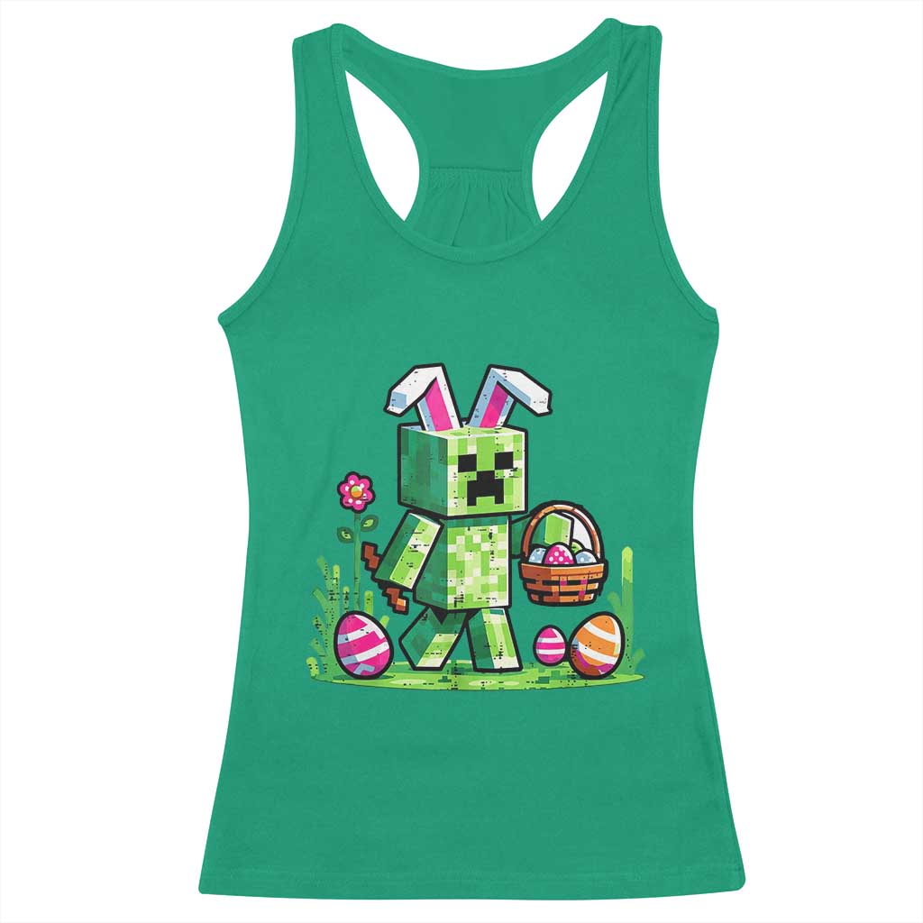Pixel Easter Bunny Gamer Parody Graphic Racerback Tank Top Funny Block Style Rabbit with Eggs Basket Gaming Humor Gift