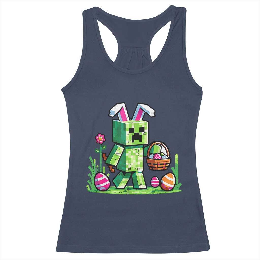 Pixel Easter Bunny Gamer Parody Graphic Racerback Tank Top Funny Block Style Rabbit with Eggs Basket Gaming Humor Gift