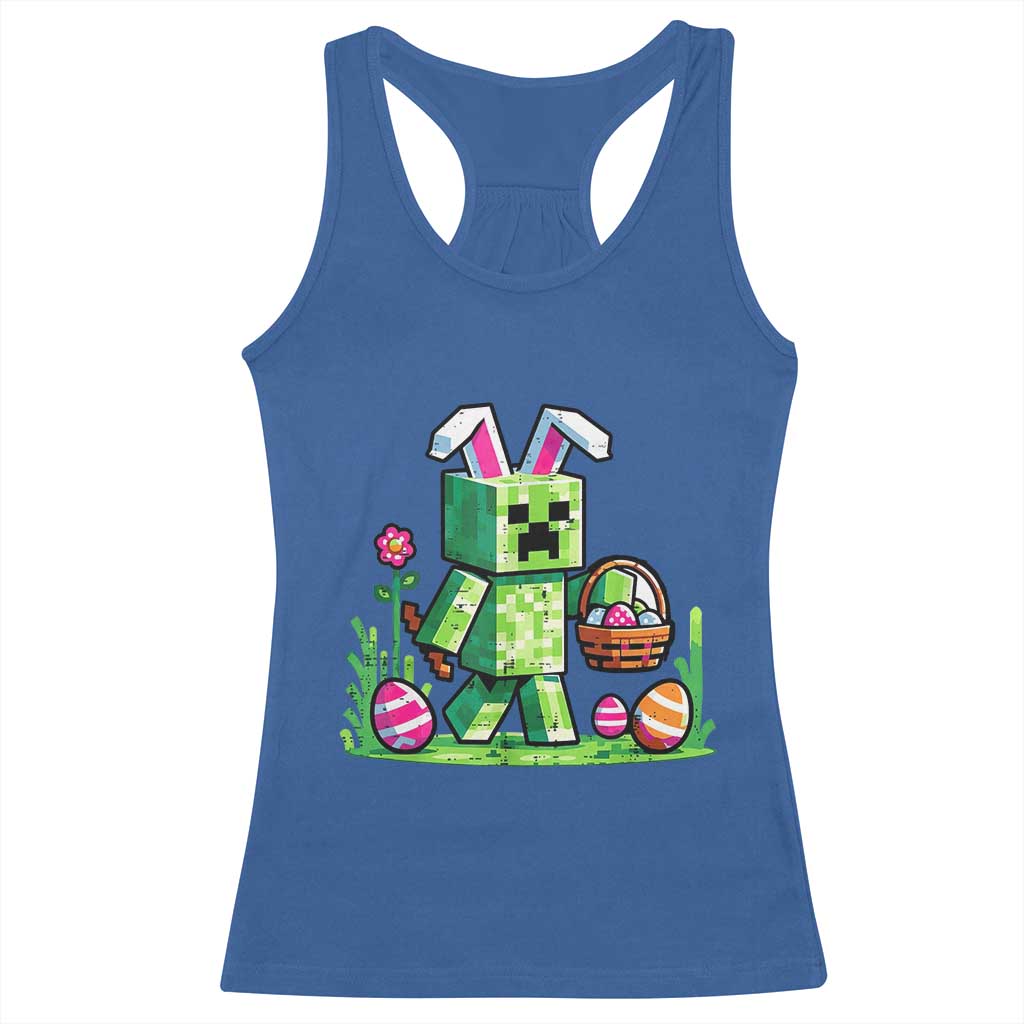 Pixel Easter Bunny Gamer Parody Graphic Racerback Tank Top Funny Block Style Rabbit with Eggs Basket Gaming Humor Gift