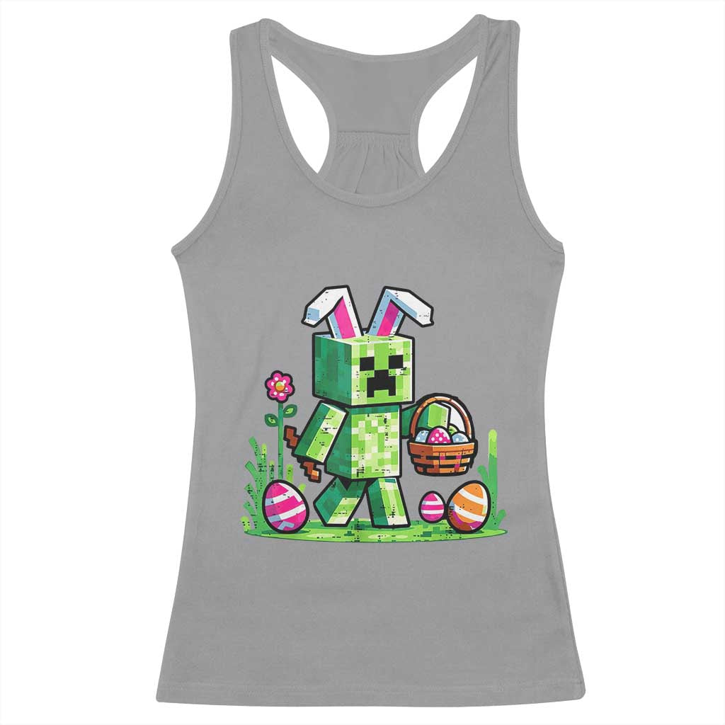 Pixel Easter Bunny Gamer Parody Graphic Racerback Tank Top Funny Block Style Rabbit with Eggs Basket Gaming Humor Gift