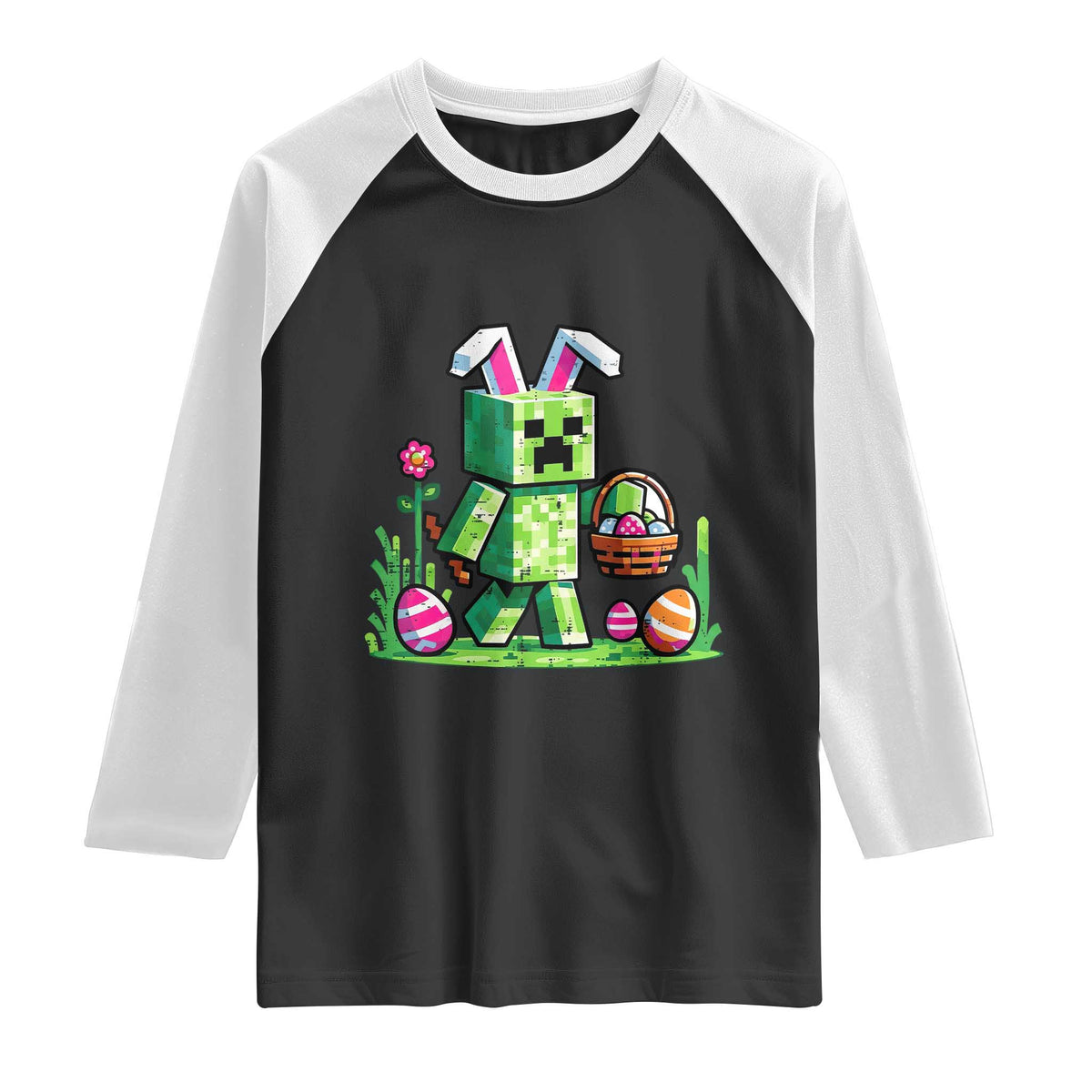 Pixel Easter Bunny Gamer Parody Graphic Raglan Shirt Funny Block Style Rabbit with Eggs Basket Gaming Humor Gift