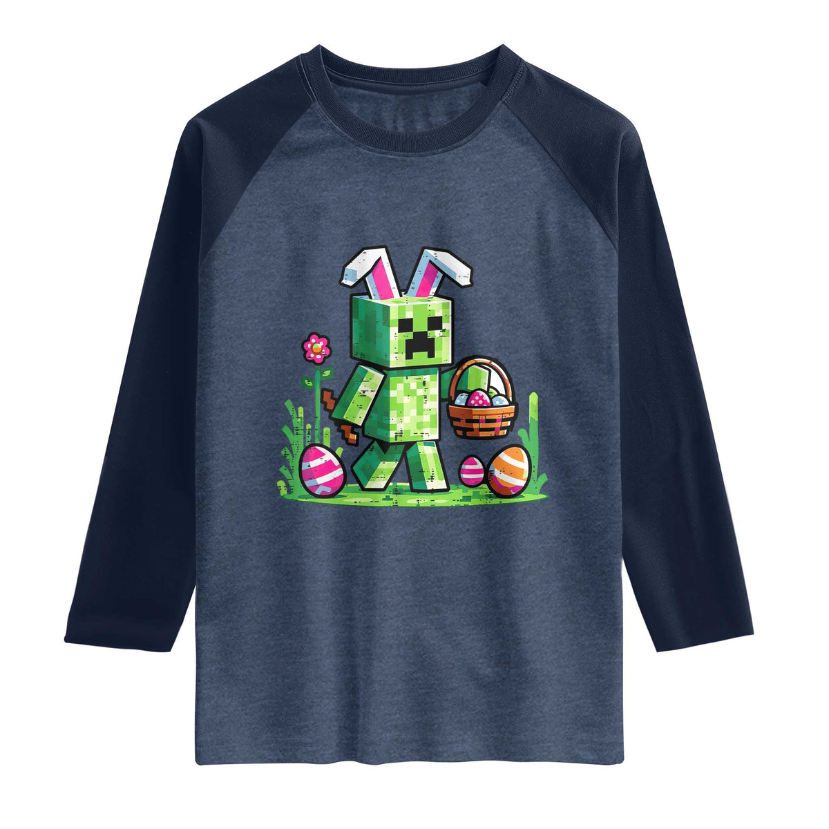 Pixel Easter Bunny Gamer Parody Graphic Raglan Shirt Funny Block Style Rabbit with Eggs Basket Gaming Humor Gift