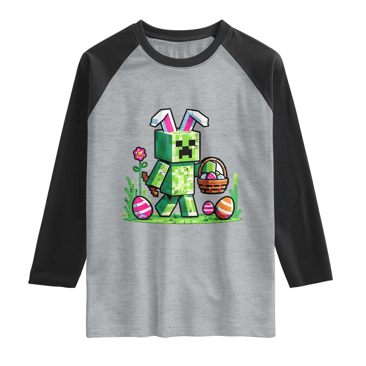 Pixel Easter Bunny Gamer Parody Graphic Raglan Shirt Funny Block Style Rabbit with Eggs Basket Gaming Humor Gift