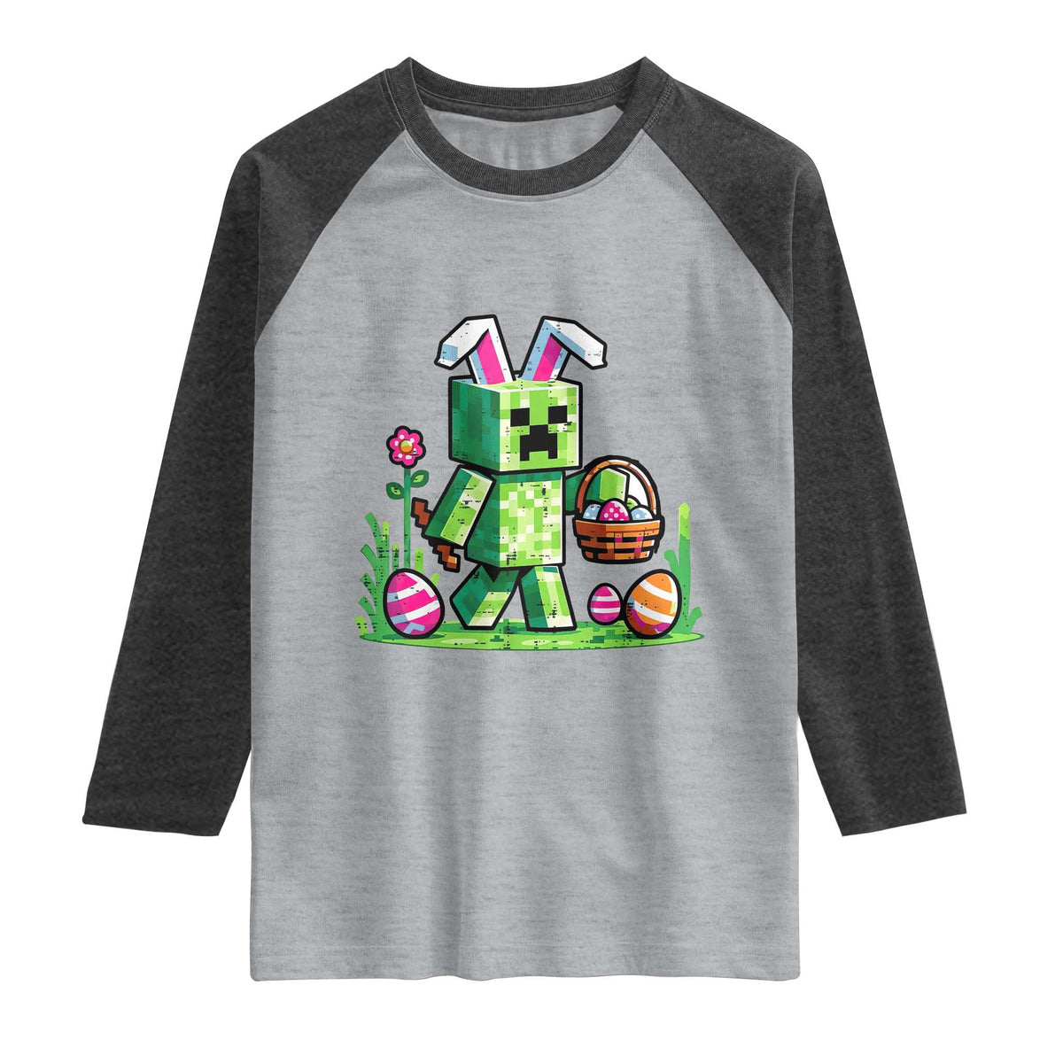 Pixel Easter Bunny Gamer Parody Graphic Raglan Shirt Funny Block Style Rabbit with Eggs Basket Gaming Humor Gift