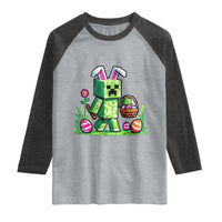 Pixel Easter Bunny Gamer Parody Graphic Raglan Shirt Funny Block Style Rabbit with Eggs Basket Gaming Humor Gift