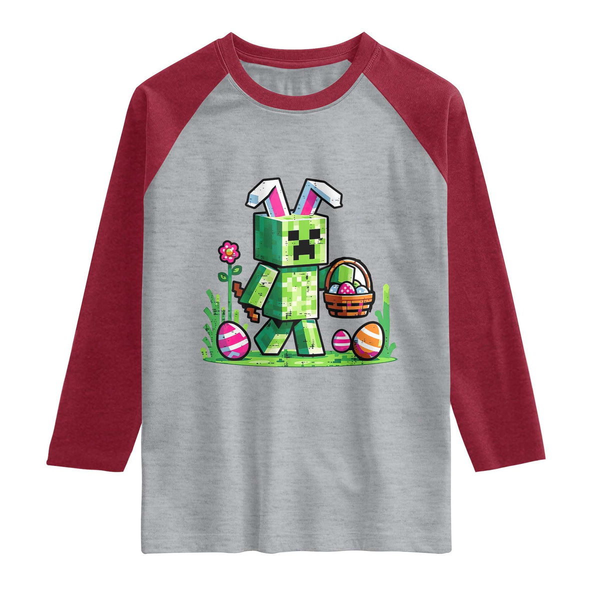 Pixel Easter Bunny Gamer Parody Graphic Raglan Shirt Funny Block Style Rabbit with Eggs Basket Gaming Humor Gift