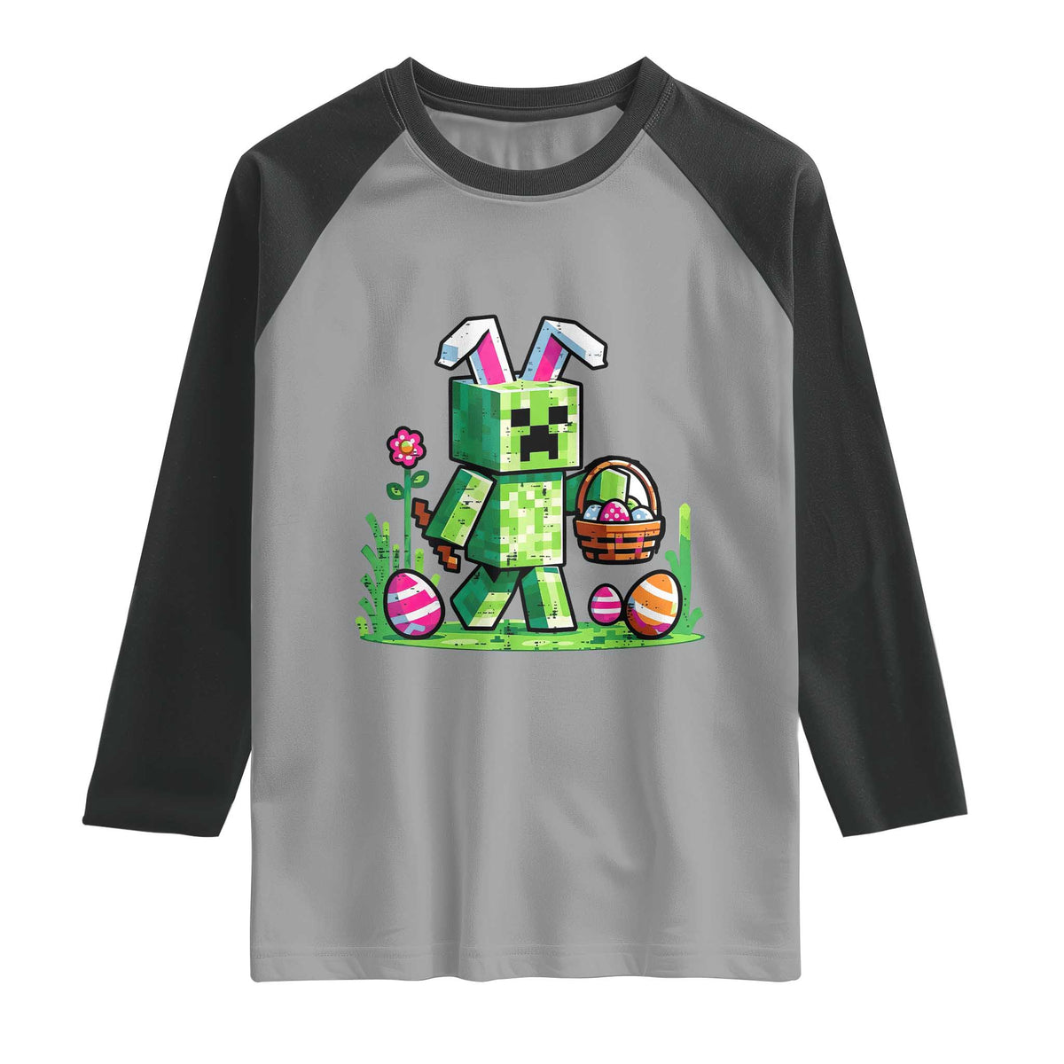 Pixel Easter Bunny Gamer Parody Graphic Raglan Shirt Funny Block Style Rabbit with Eggs Basket Gaming Humor Gift