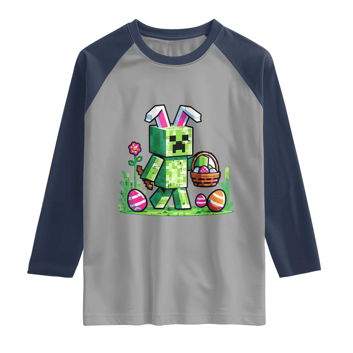 Pixel Easter Bunny Gamer Parody Graphic Raglan Shirt Funny Block Style Rabbit with Eggs Basket Gaming Humor Gift