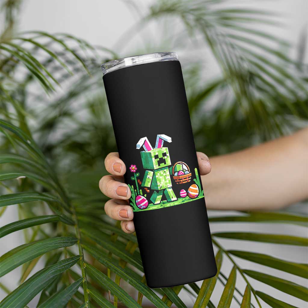 Pixel Easter Bunny Gamer Parody Graphic Skinny Tumbler Funny Block Style Rabbit with Eggs Basket Gaming Humor Gift