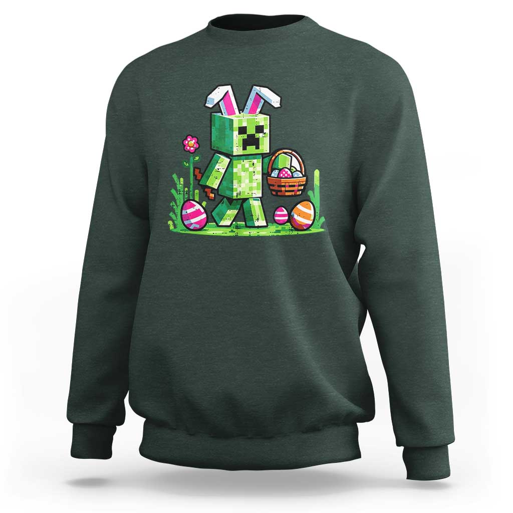 Pixel Easter Bunny Gamer Parody Graphic Sweatshirt Funny Block Style Rabbit with Eggs Basket Gaming Humor Gift