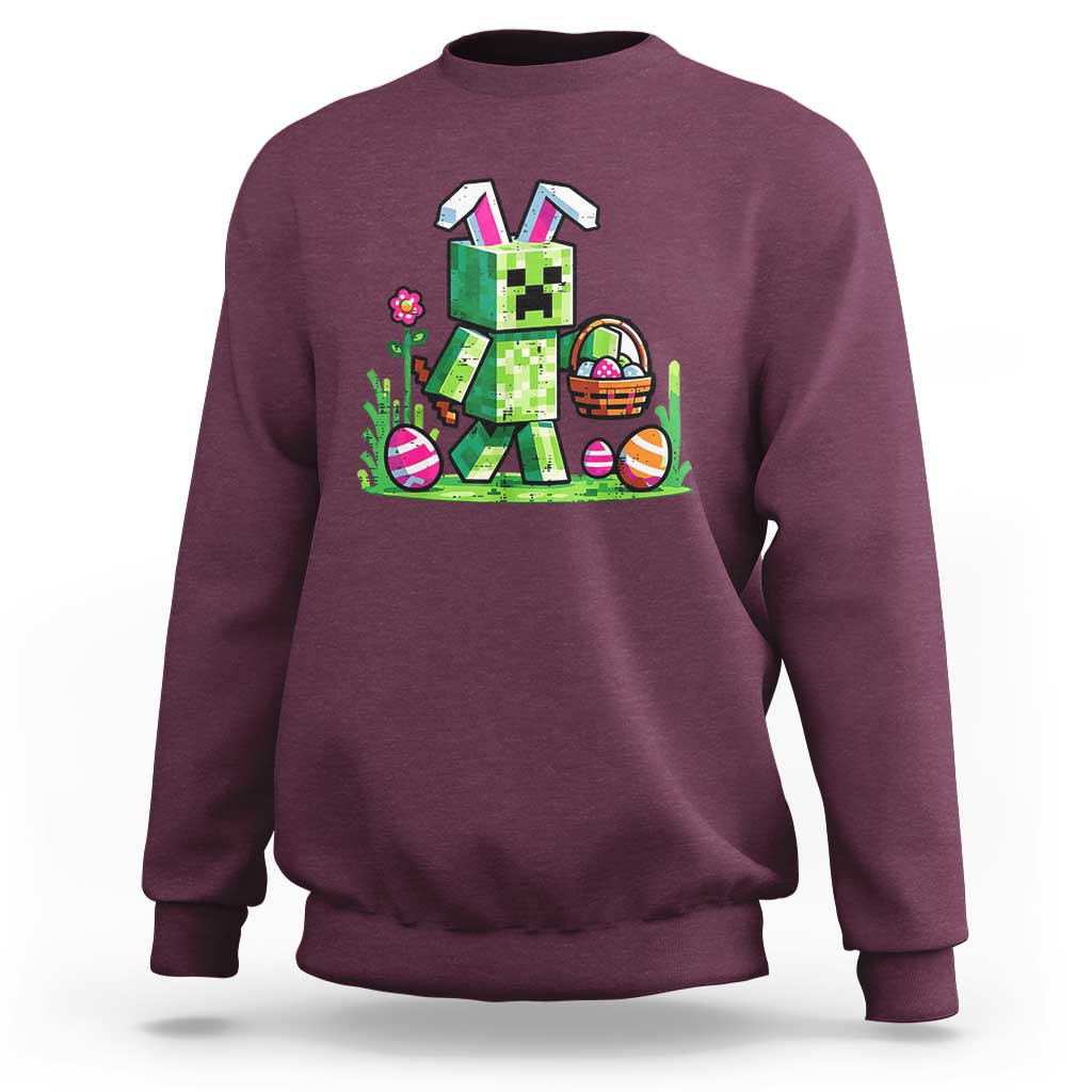 Pixel Easter Bunny Gamer Parody Graphic Sweatshirt Funny Block Style Rabbit with Eggs Basket Gaming Humor Gift