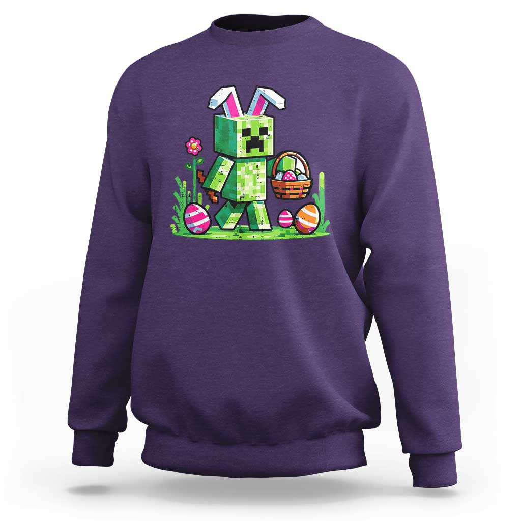 Pixel Easter Bunny Gamer Parody Graphic Sweatshirt Funny Block Style Rabbit with Eggs Basket Gaming Humor Gift