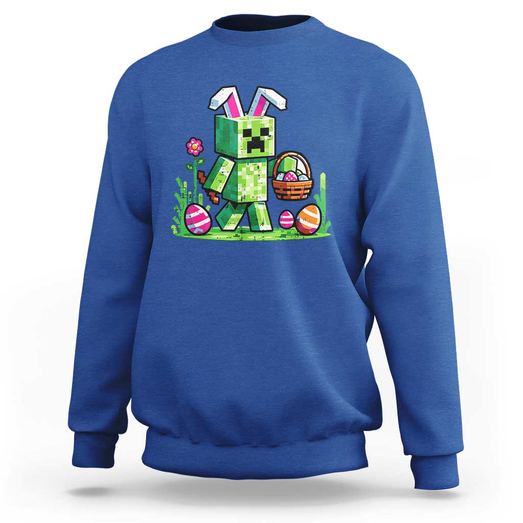 Pixel Easter Bunny Gamer Parody Graphic Sweatshirt Funny Block Style Rabbit with Eggs Basket Gaming Humor Gift