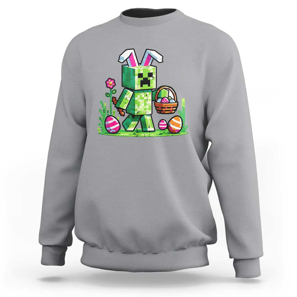 Pixel Easter Bunny Gamer Parody Graphic Sweatshirt Funny Block Style Rabbit with Eggs Basket Gaming Humor Gift