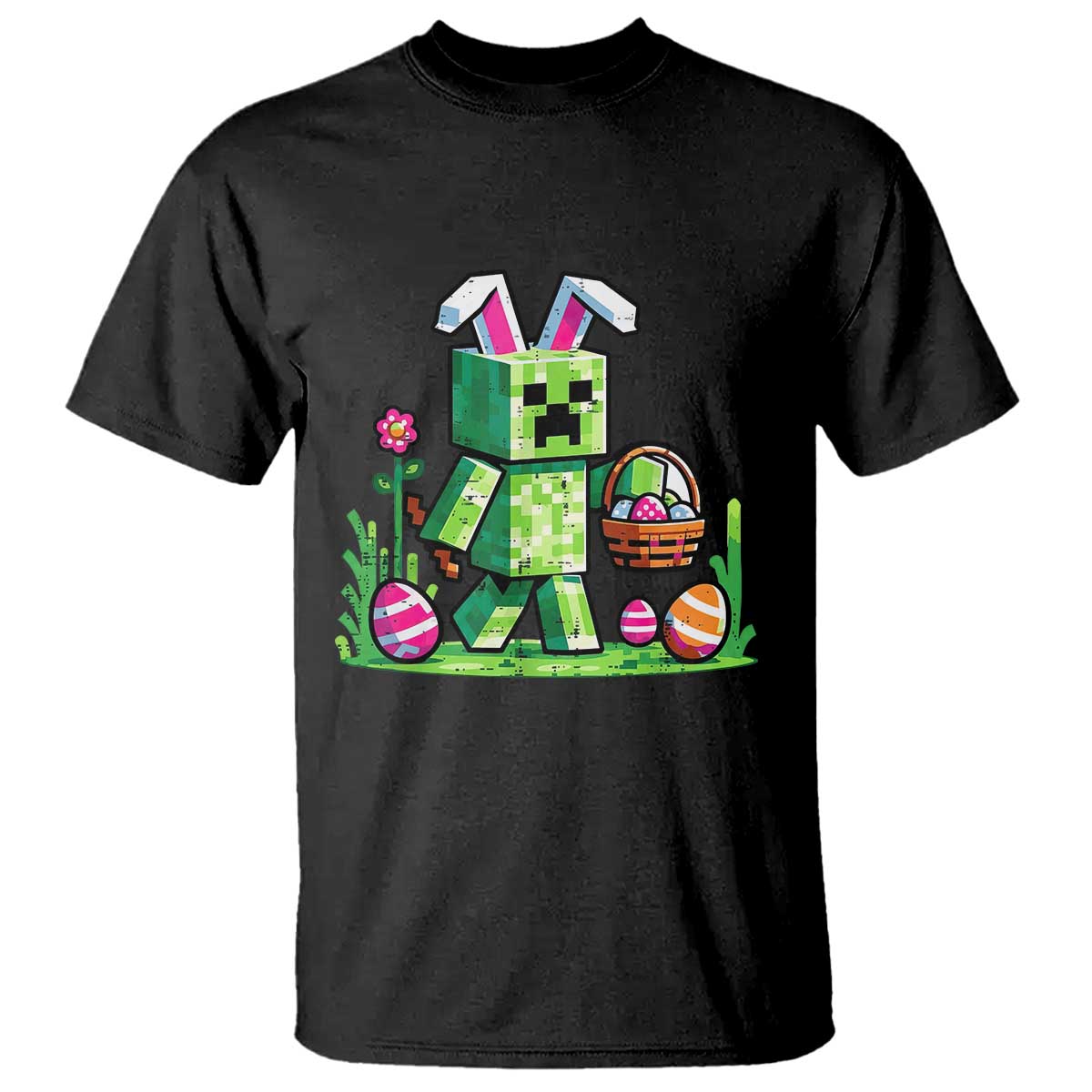 Pixel Easter Bunny Gamer Parody Graphic T Shirt Funny Block Style Rabbit with Eggs Basket Gaming Humor Gift