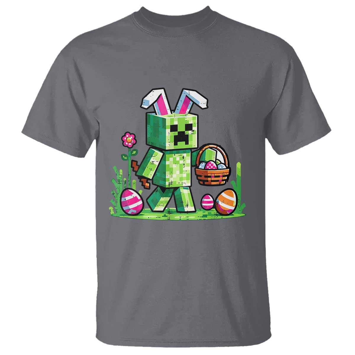 Pixel Easter Bunny Gamer Parody Graphic T Shirt Funny Block Style Rabbit with Eggs Basket Gaming Humor Gift
