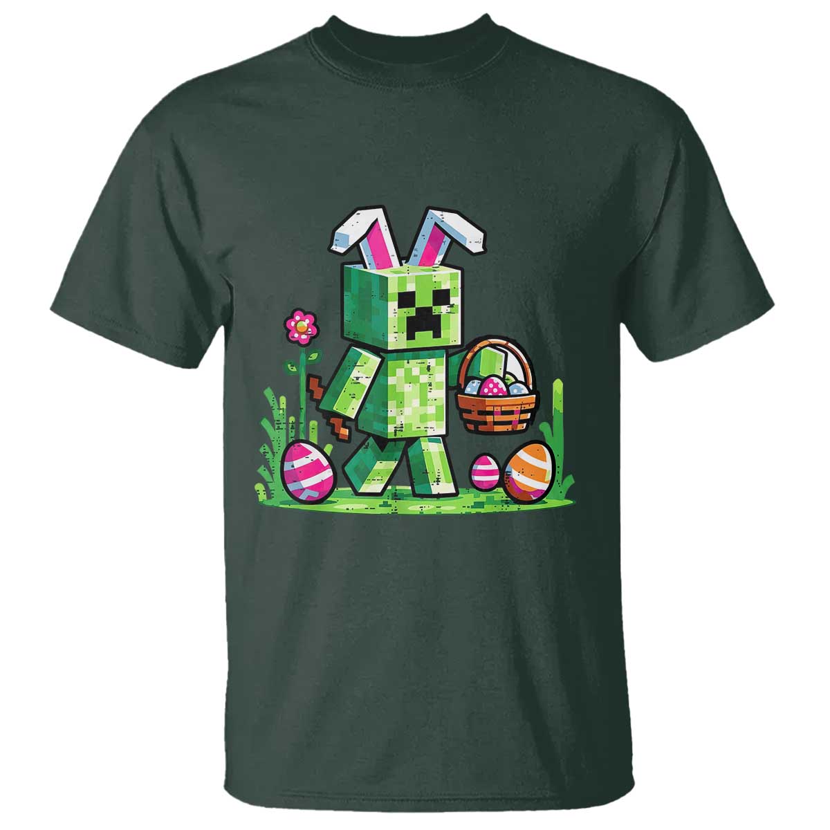 Pixel Easter Bunny Gamer Parody Graphic T Shirt Funny Block Style Rabbit with Eggs Basket Gaming Humor Gift
