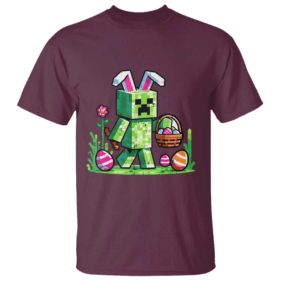 Pixel Easter Bunny Gamer Parody Graphic T Shirt Funny Block Style Rabbit with Eggs Basket Gaming Humor Gift