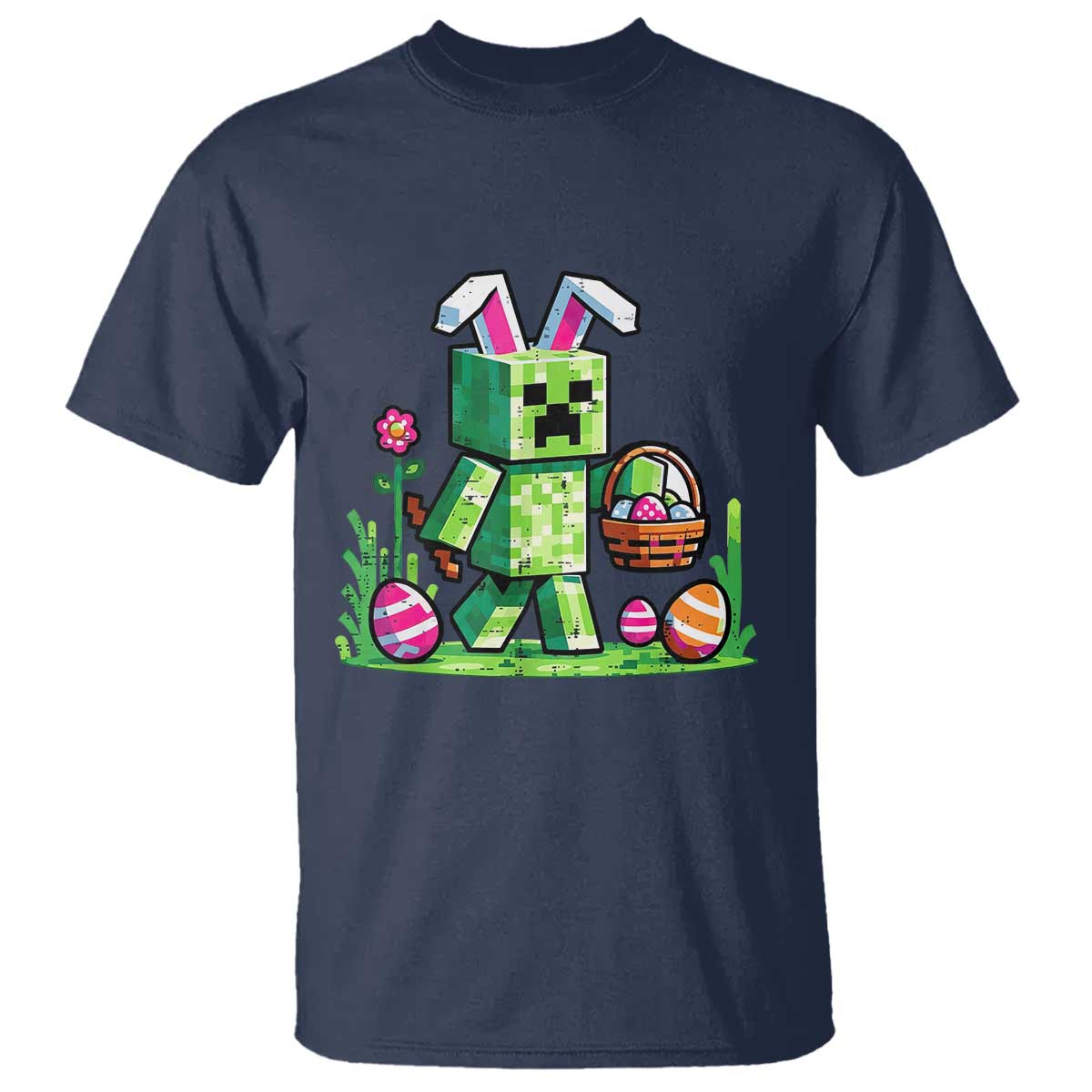 Pixel Easter Bunny Gamer Parody Graphic T Shirt Funny Block Style Rabbit with Eggs Basket Gaming Humor Gift