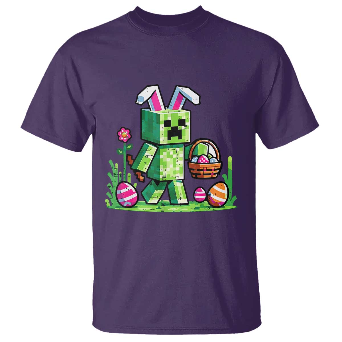 Pixel Easter Bunny Gamer Parody Graphic T Shirt Funny Block Style Rabbit with Eggs Basket Gaming Humor Gift