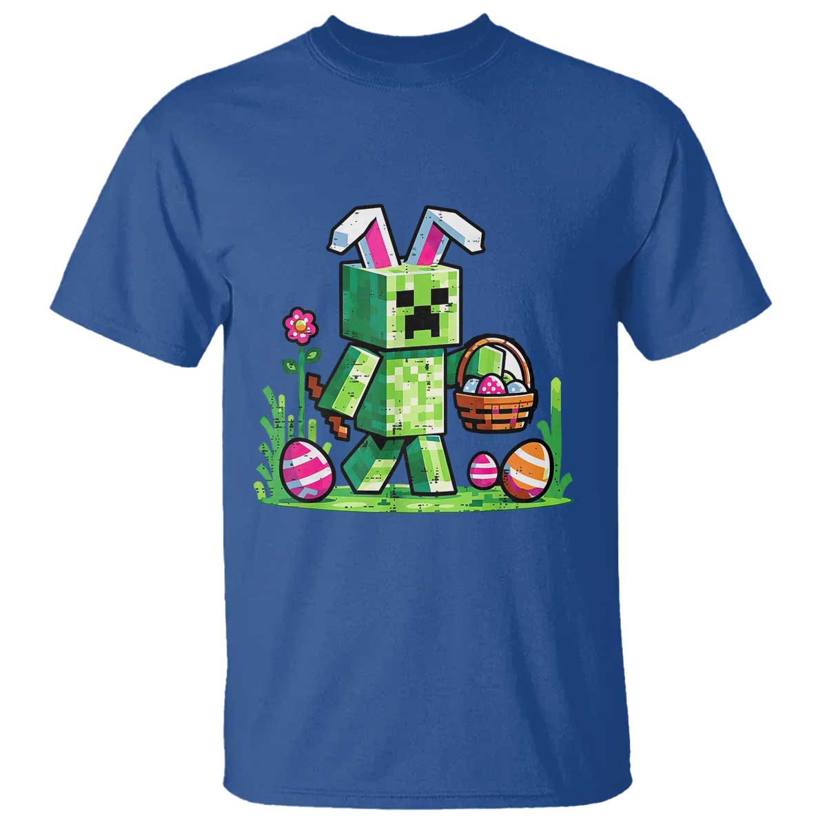 Pixel Easter Bunny Gamer Parody Graphic T Shirt Funny Block Style Rabbit with Eggs Basket Gaming Humor Gift