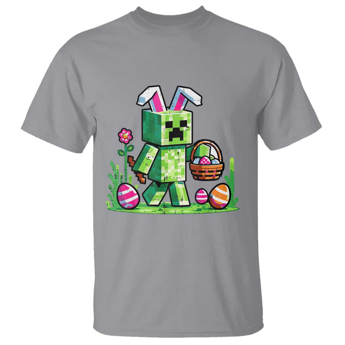 Pixel Easter Bunny Gamer Parody Graphic T Shirt Funny Block Style Rabbit with Eggs Basket Gaming Humor Gift