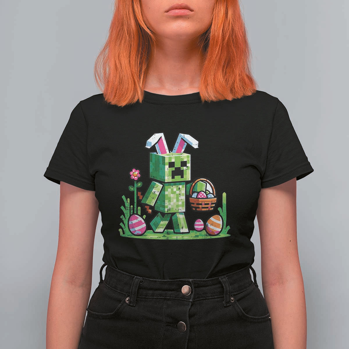 Pixel Easter Bunny Gamer Parody Graphic T Shirt For Women Funny Block Style Rabbit with Eggs Basket Gaming Humor Gift