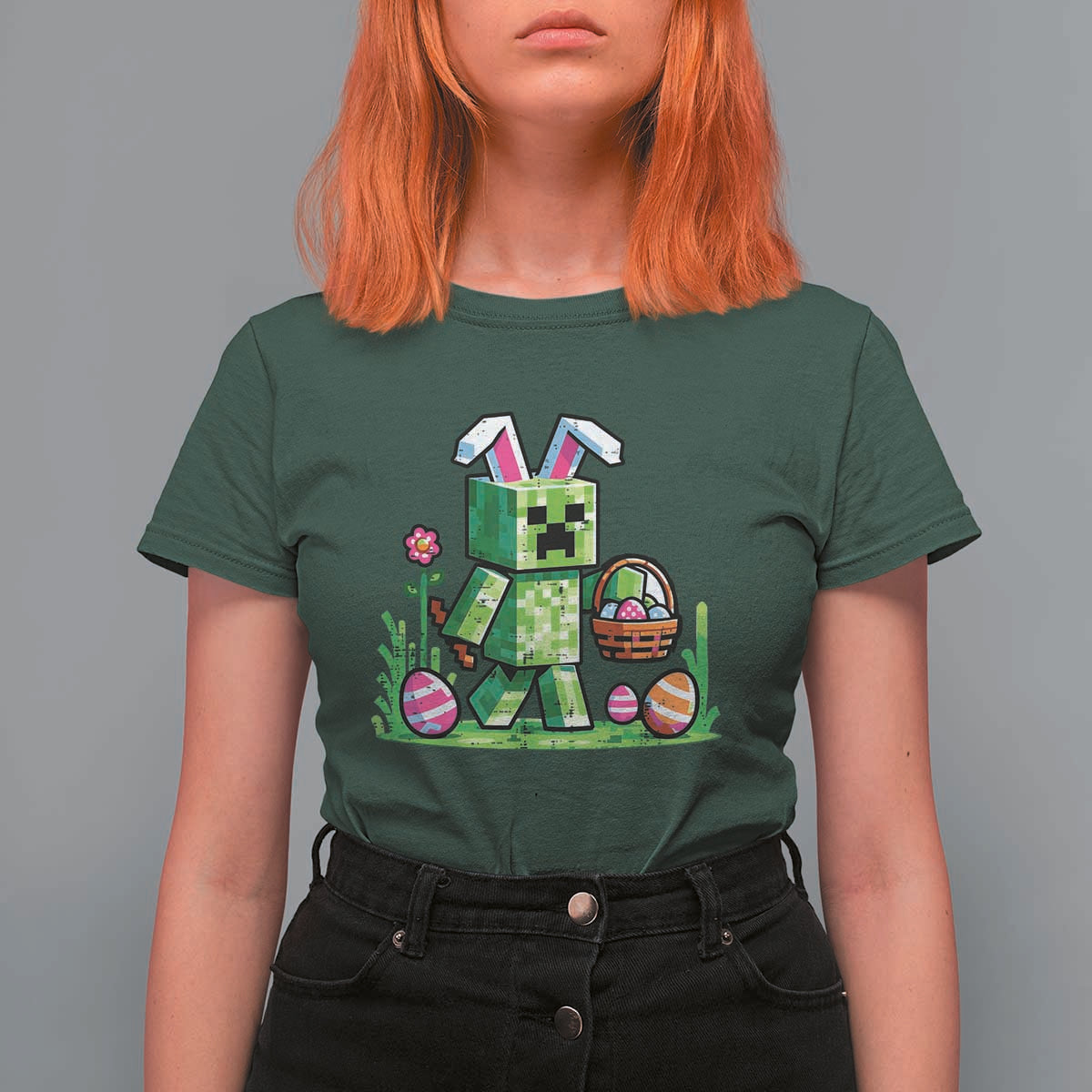 Pixel Easter Bunny Gamer Parody Graphic T Shirt For Women Funny Block Style Rabbit with Eggs Basket Gaming Humor Gift