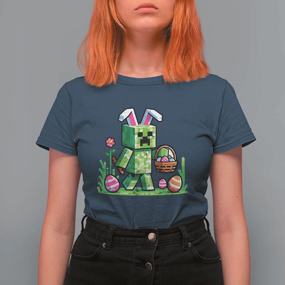 Pixel Easter Bunny Gamer Parody Graphic T Shirt For Women Funny Block Style Rabbit with Eggs Basket Gaming Humor Gift
