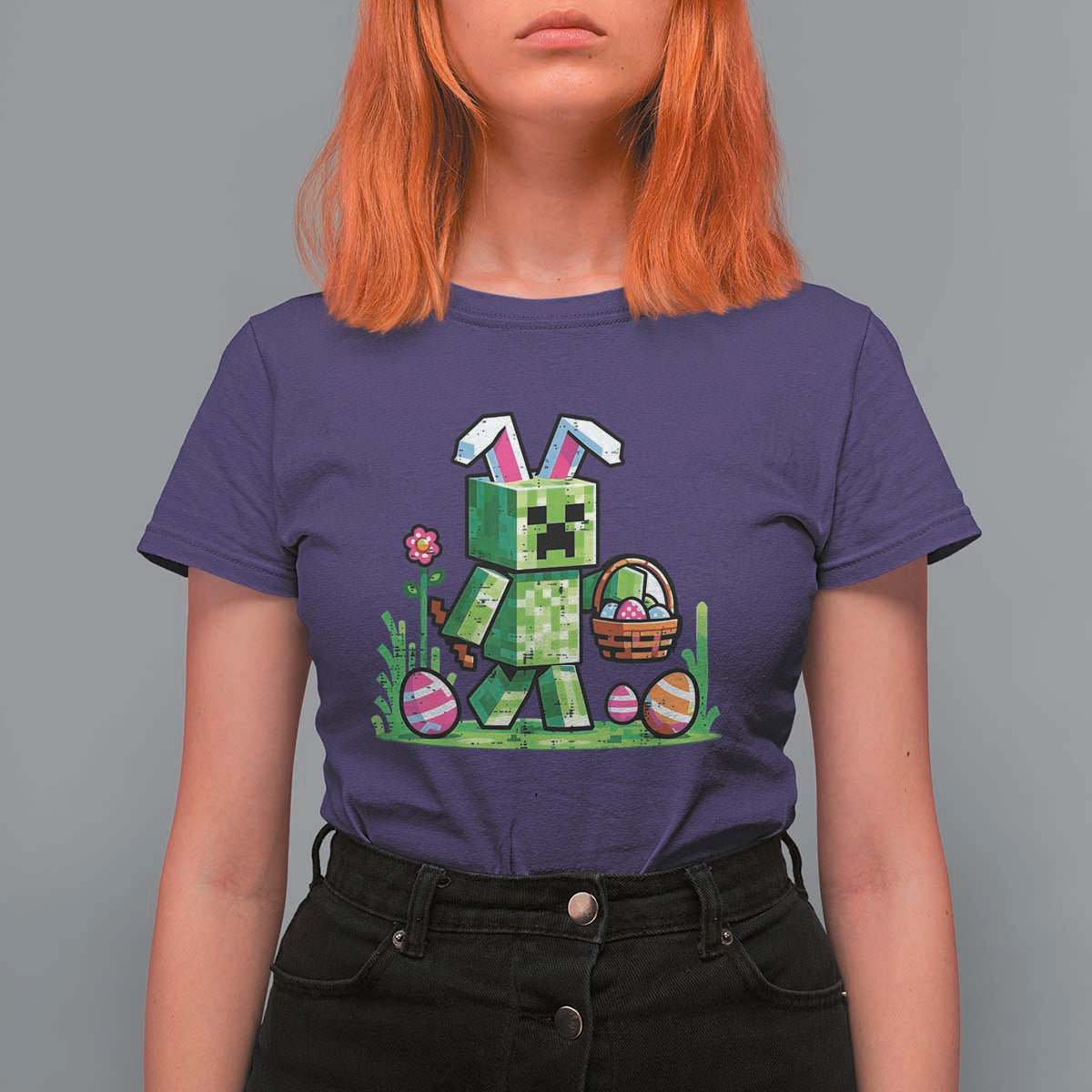Pixel Easter Bunny Gamer Parody Graphic T Shirt For Women Funny Block Style Rabbit with Eggs Basket Gaming Humor Gift