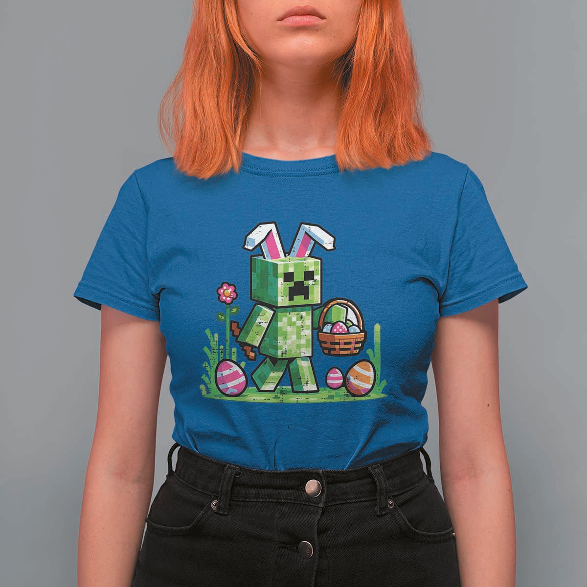 Pixel Easter Bunny Gamer Parody Graphic T Shirt For Women Funny Block Style Rabbit with Eggs Basket Gaming Humor Gift
