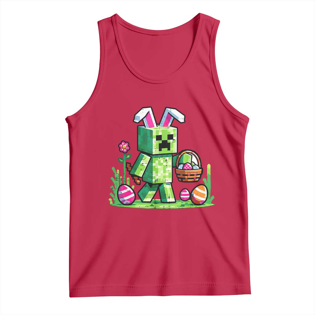 Pixel Easter Bunny Gamer Parody Graphic Tank Top Funny Block Style Rabbit with Eggs Basket Gaming Humor Gift
