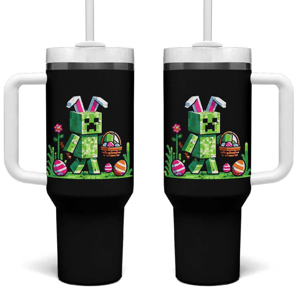 Pixel Easter Bunny Gamer Parody Graphic Tumbler With Handle Funny Block Style Rabbit with Eggs Basket Gaming Humor Gift