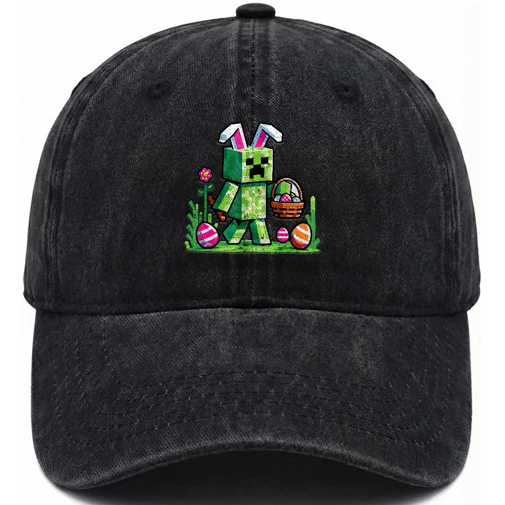 Pixel Easter Bunny Gamer Parody Graphic Washed Cotton Baseball Cap Funny Block Style Rabbit with Eggs Basket Gaming Humor Gift