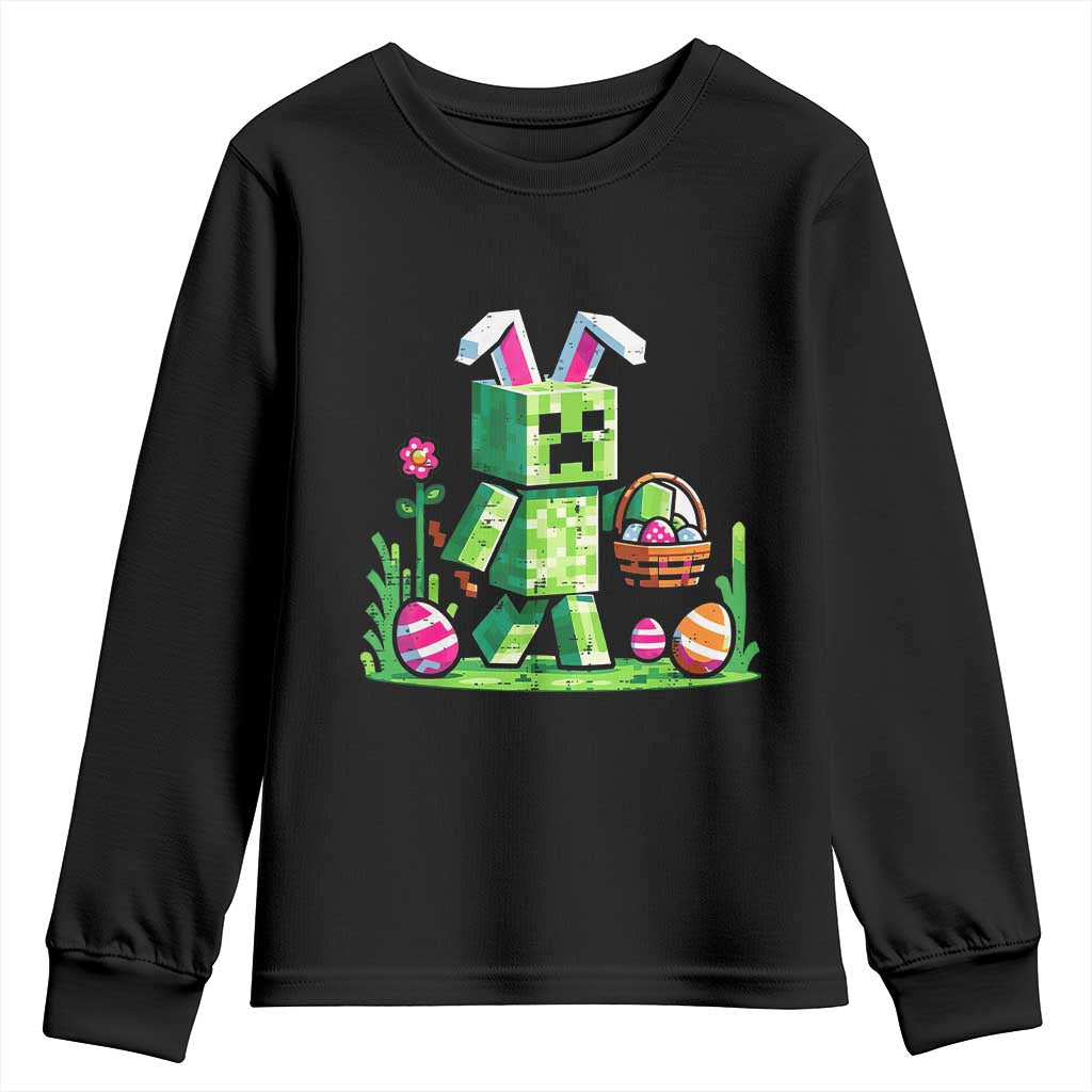 Pixel Easter Bunny Gamer Parody Graphic Youth Sweatshirt Funny Block Style Rabbit with Eggs Basket Gaming Humor Gift