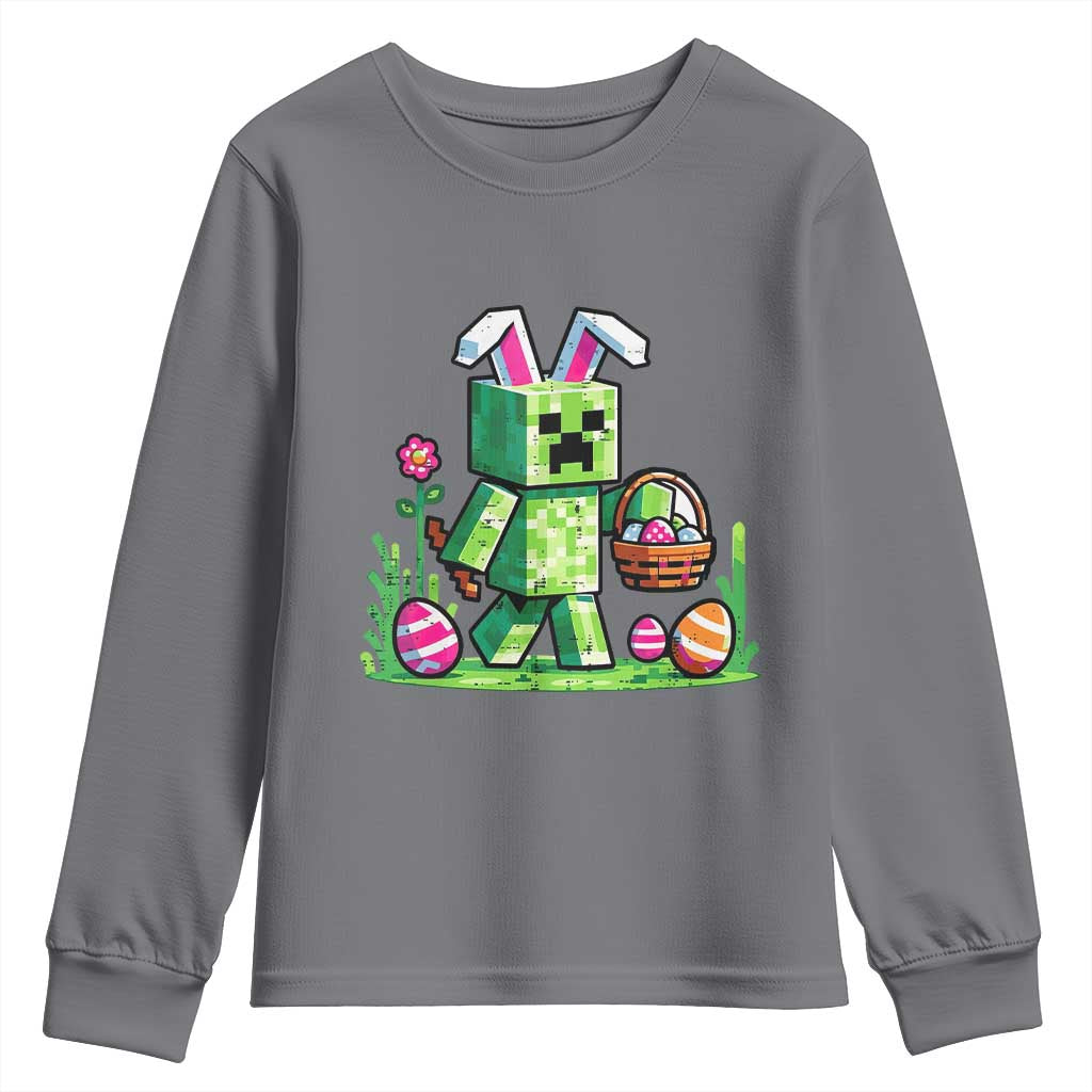 Pixel Easter Bunny Gamer Parody Graphic Youth Sweatshirt Funny Block Style Rabbit with Eggs Basket Gaming Humor Gift