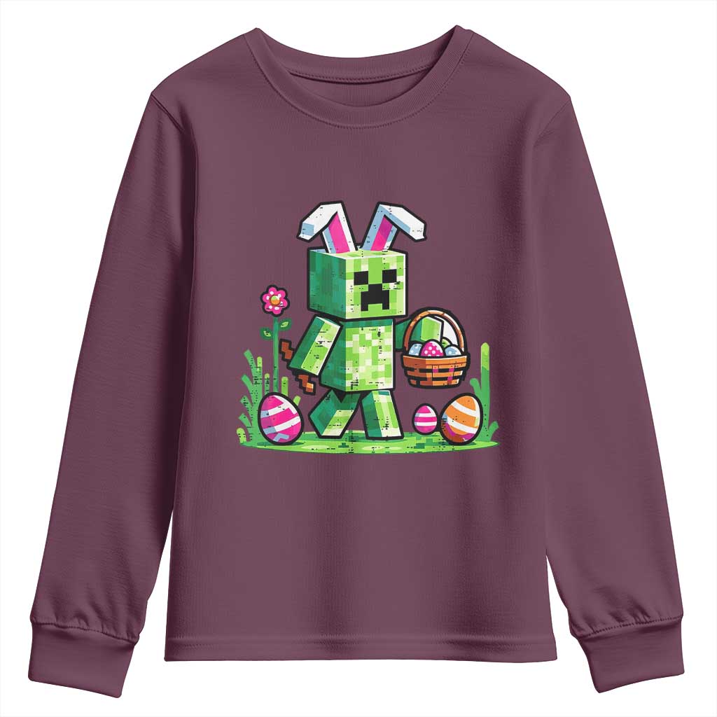 Pixel Easter Bunny Gamer Parody Graphic Youth Sweatshirt Funny Block Style Rabbit with Eggs Basket Gaming Humor Gift