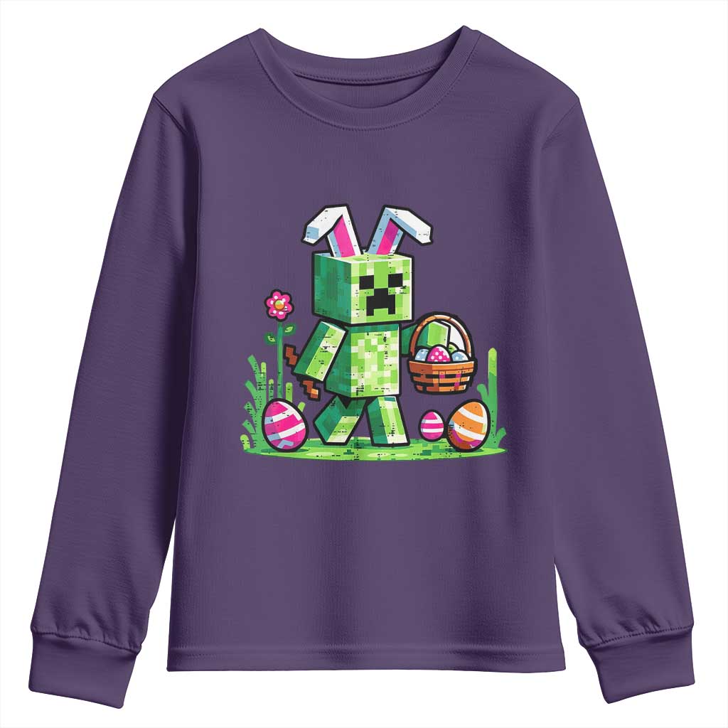 Pixel Easter Bunny Gamer Parody Graphic Youth Sweatshirt Funny Block Style Rabbit with Eggs Basket Gaming Humor Gift