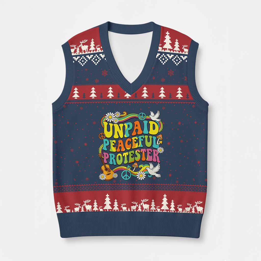 Unpaid Peaceful Protester Retro Hippie Rainbow V-Neck Knit Sweater Vest Flower Power Peace Activist