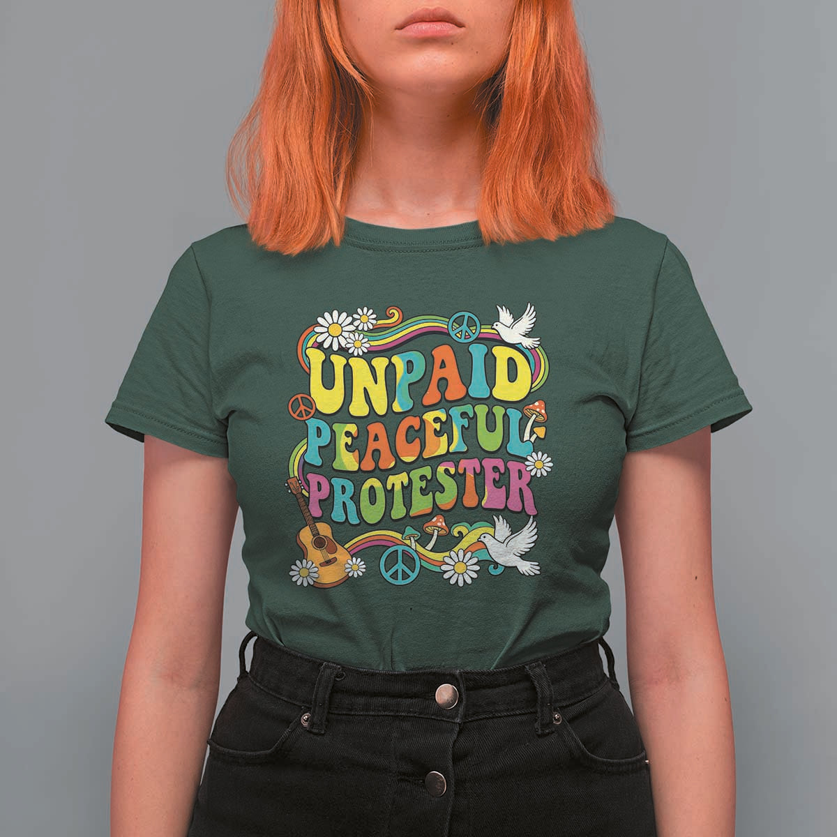 Unpaid Peaceful Protester Retro Hippie Rainbow T Shirt For Women Flower Power Peace Activist