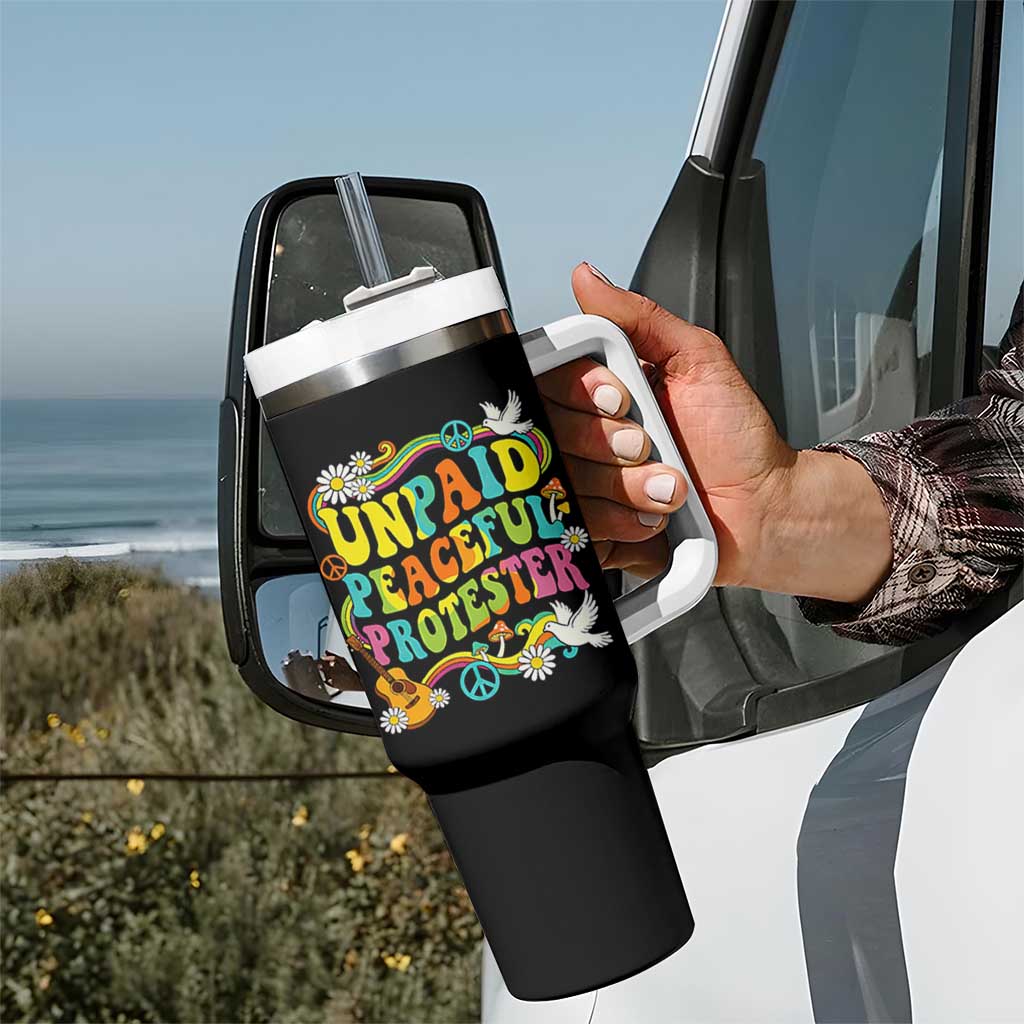 Unpaid Peaceful Protester Retro Hippie Rainbow Tumbler With Handle Flower Power Peace Activist