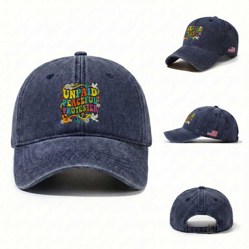Unpaid Peaceful Protester Retro Hippie Rainbow Washed Cotton Baseball Cap Flower Power Peace Activist