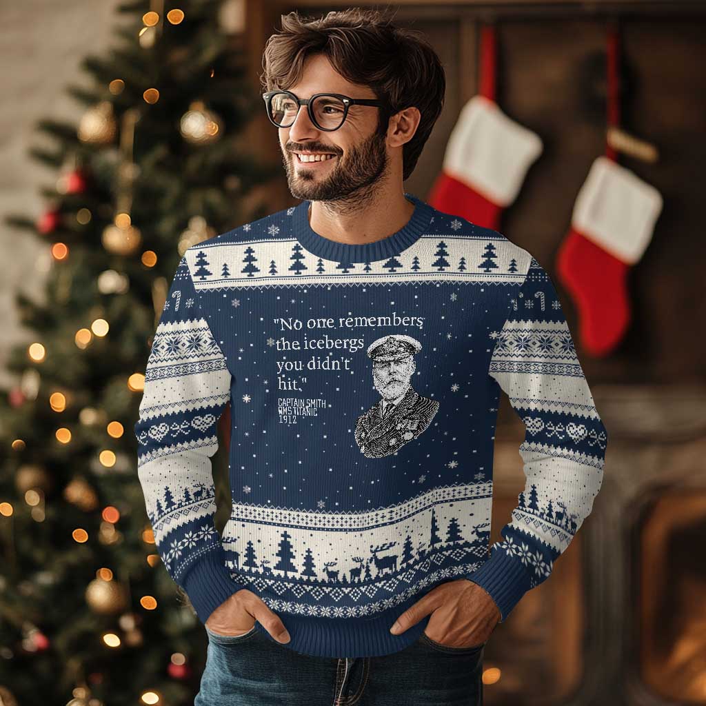 Funny Vintage Ship Captain Saying Ugly Christmas Sweater No One Remembers the Icebergs You Did Not Hit Dark Humor